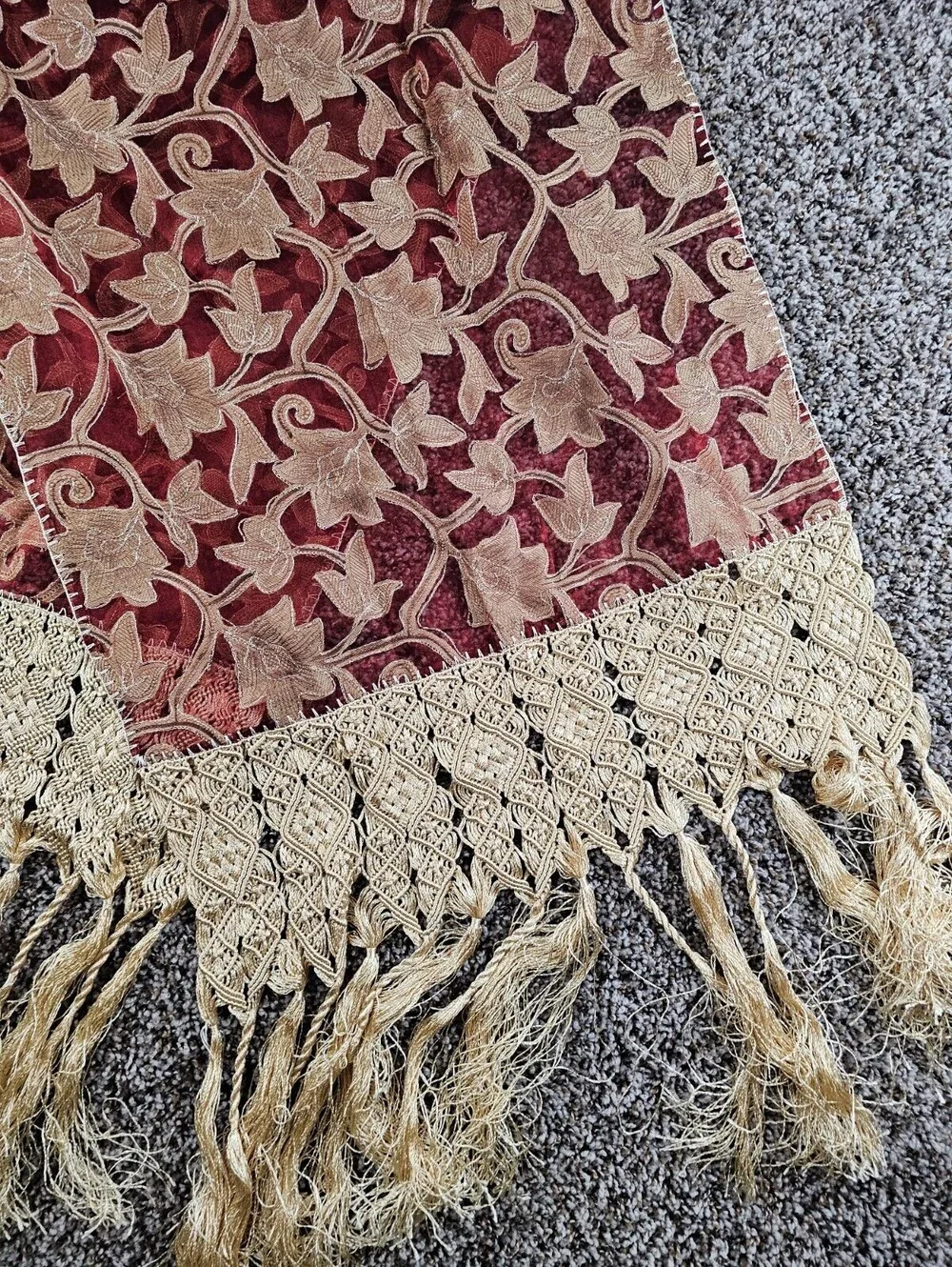 Vintage Victorian Style Table Runner Burgundy Gold Fringe Leaf Floral Print